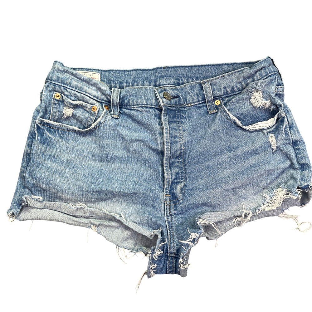 GAP Cheeky Midi Short High Rise Denim Shorts Distressed Frayed Hem Jean Short 32